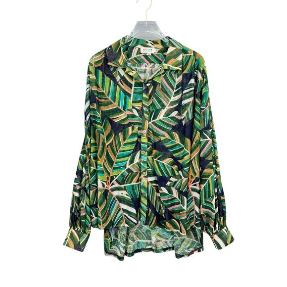 Molly Bracken Green Aloha Print Long Balloon Sleeve Button Up Relaxed Flared Top - Picture 9 of 13